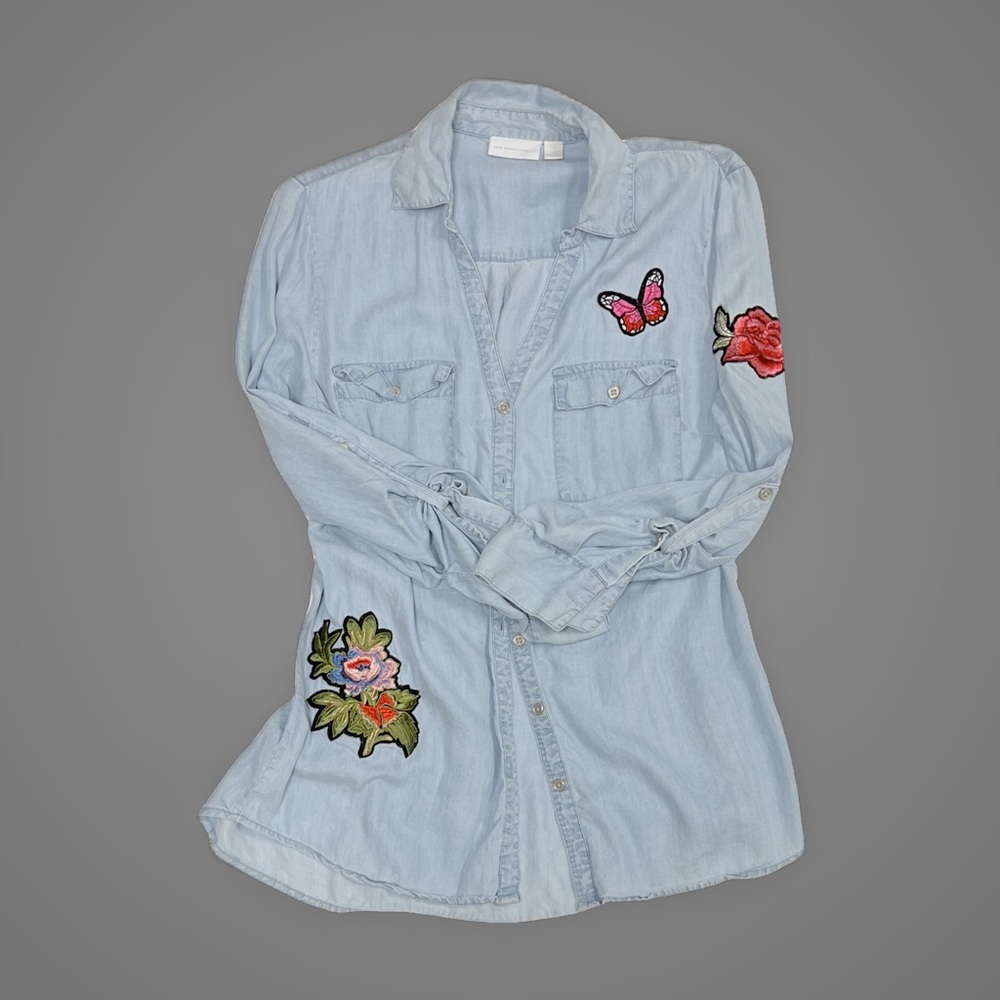 New York & Company Denim Look Button Up Shirt w/ Patches